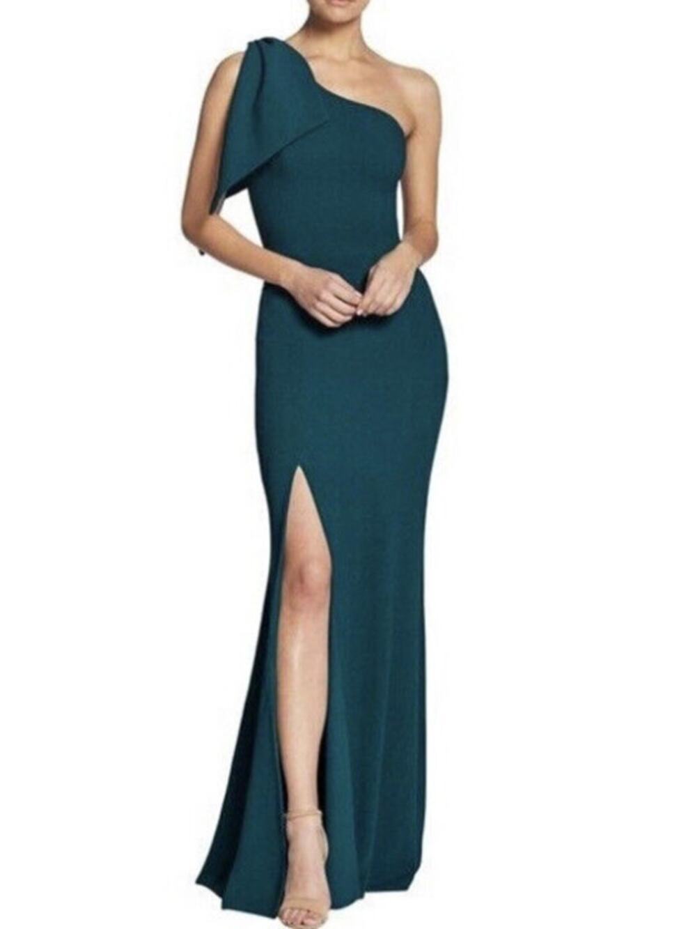 DRESS THE POPULATION Georgina One Shoulder Dress XXL Green Pine Bow Gown NWT